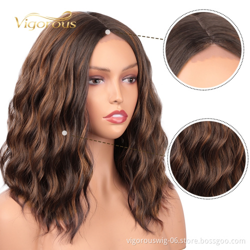 Vigorous Fiber Body Wave Short Highlight Mixed Brown Black U Part Swiss Lace Front Synthetic Wigs Heat Resistant Bob